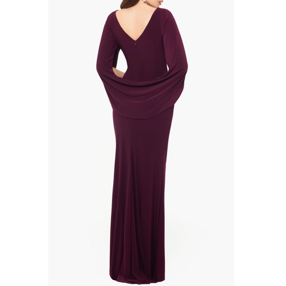 NEW Betsy & Adam BURGUNDY Cape Long Sleeve RUCHED Trumpet EVENING GOWN 10 - Picture 10 of 12
